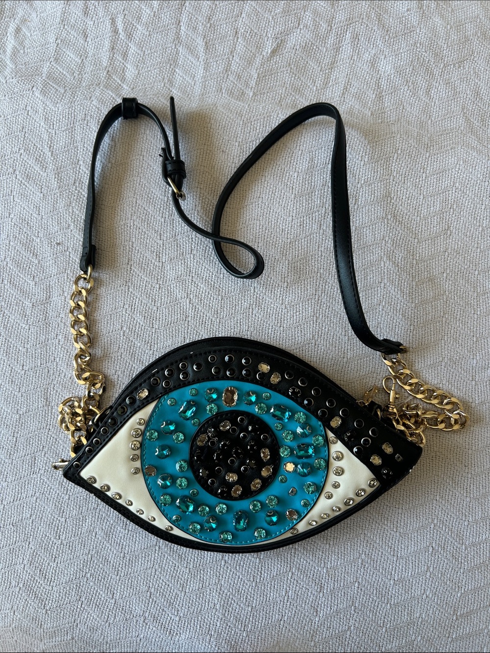 Embellished Eye-Shaped Crossbody in Black, White & Turquoise
